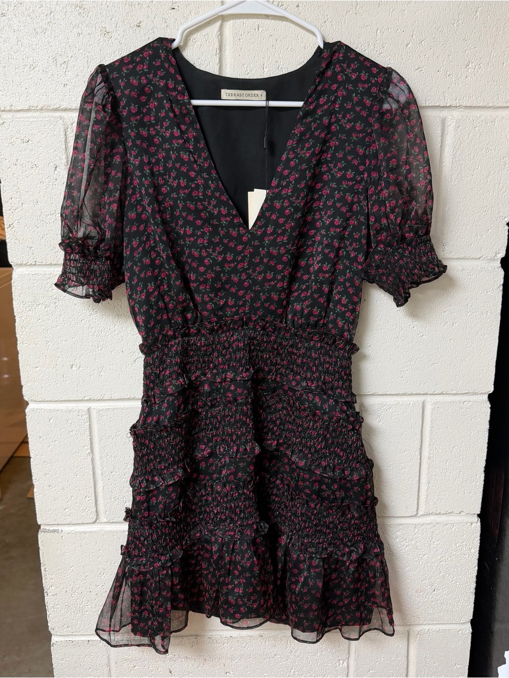NWT The East Order "Behati" Black Rose Smocked Ruffle Mini Dress (Size S)
